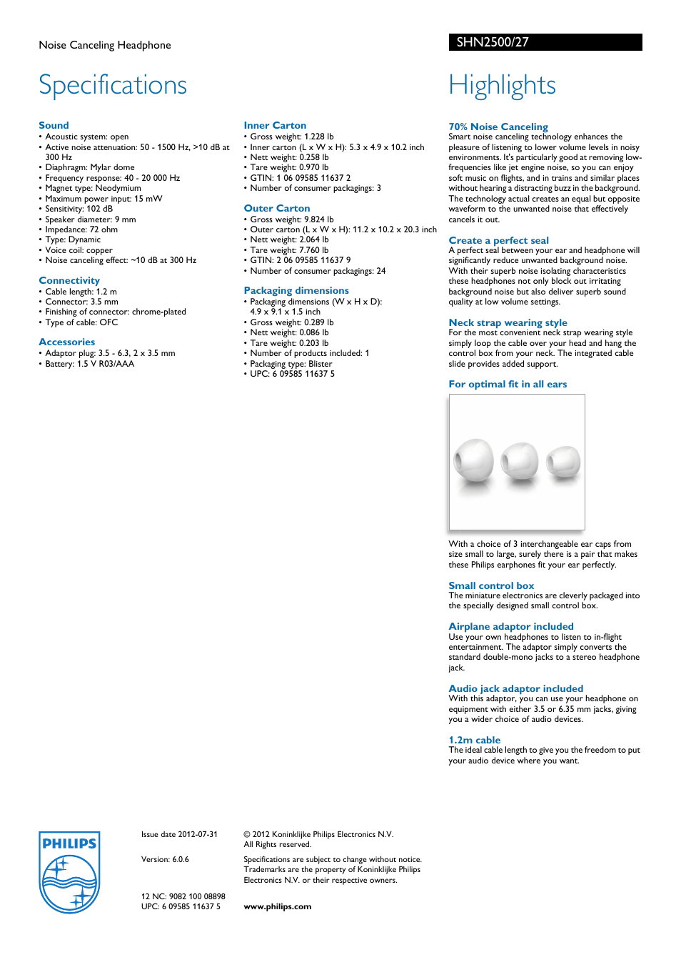 Specifications, Highlights | Philips SHN2500-27 User Manual | Page 2 / 2