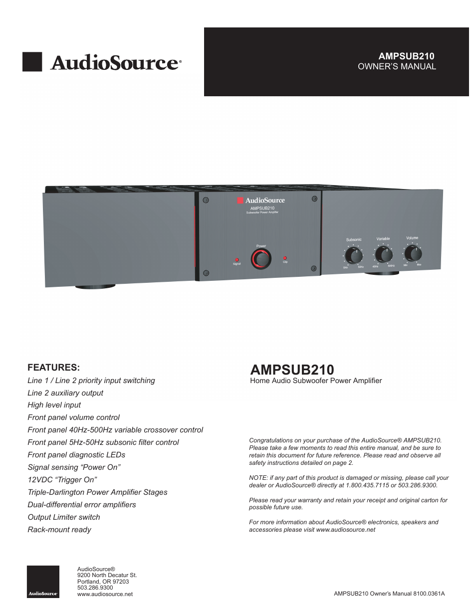 AudioSource AMPSUB210 User Manual | 16 pages