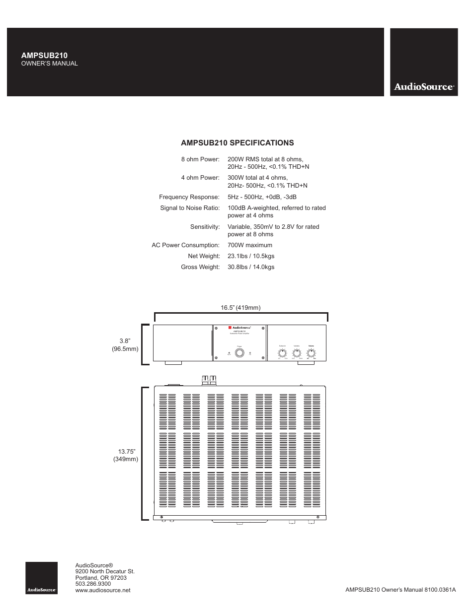 Ampsub210 specifications, Ampsub210 | AudioSource AMPSUB210 User Manual | Page 16 / 16