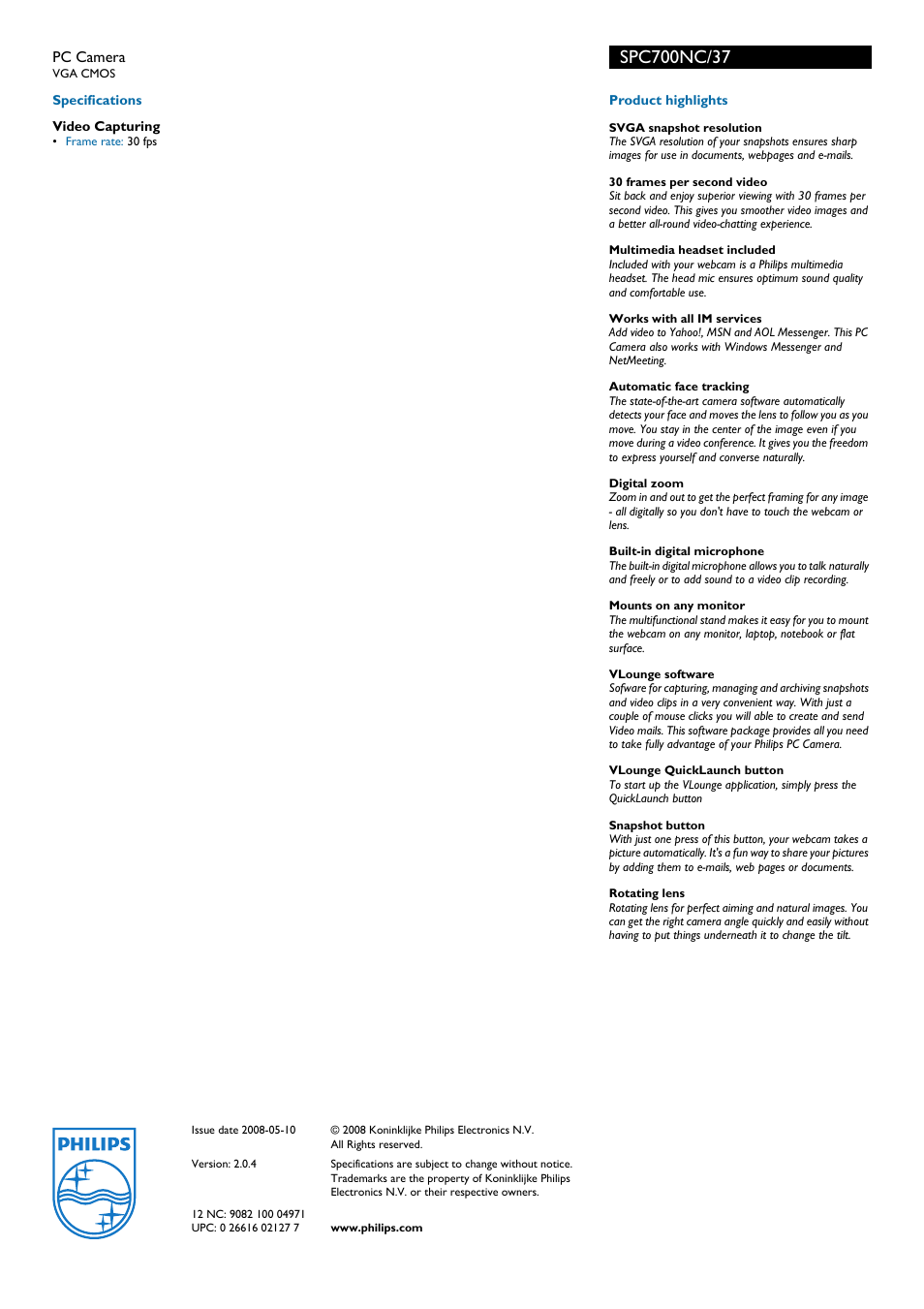Philips SPC700NC-37 User Manual | Page 2 / 2