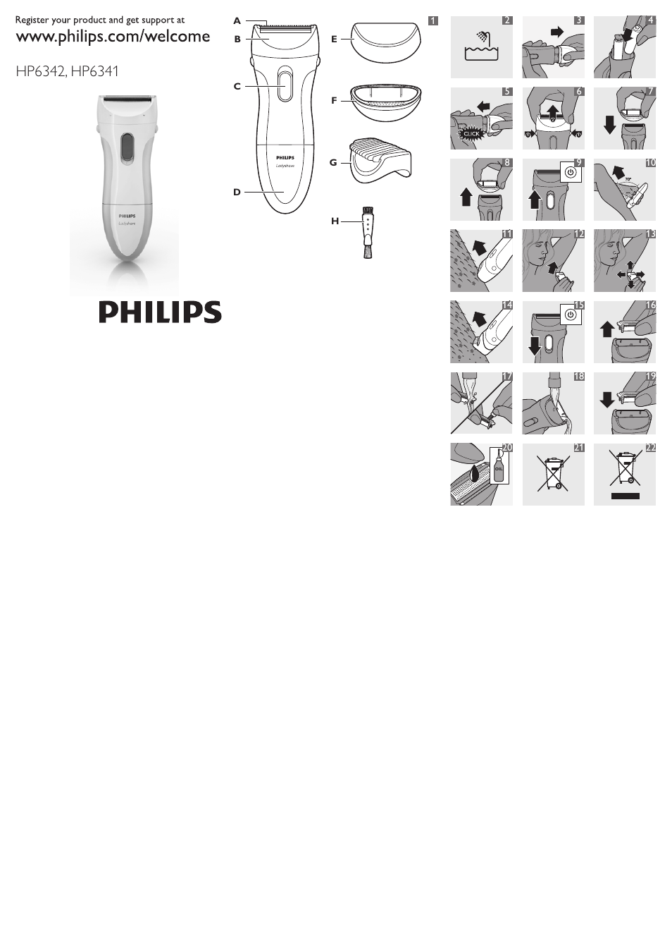 Philips Ladyshave HP6342-00 Wet & Dry User Manual | 9 pages