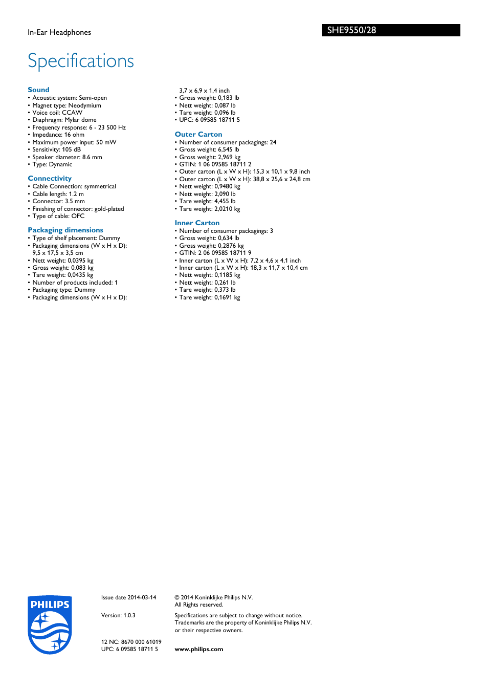 Specifications | Philips In-Ear Headphones SHE9550 User Manual | Page 2 / 2