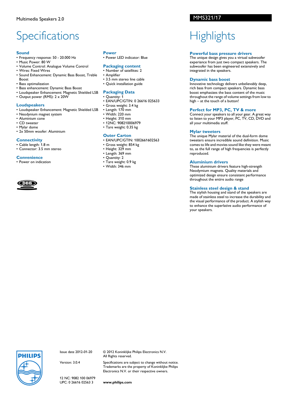 Specifications, Highlights | Philips MMS321-17 User Manual | Page 2 / 2