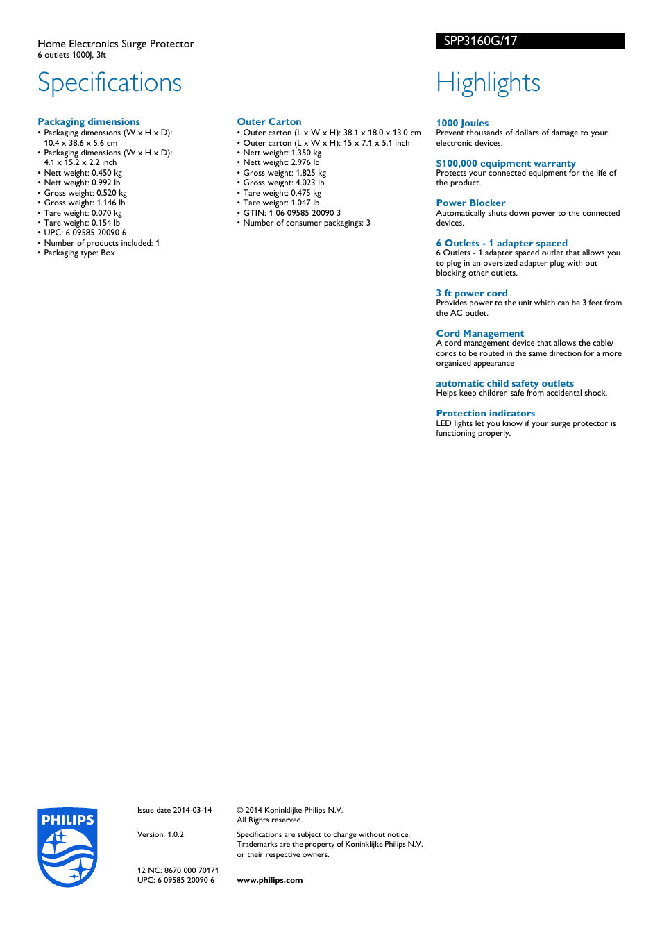 Specifications, Highlights | Philips SPP3160G-17 User Manual | Page 2 / 2