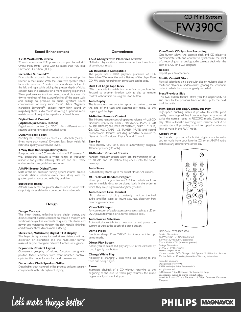 Fw390c, Cd mini system, Sound enhancement | Design, Convenience | Philips FW390C-37 User Manual | Page 2 / 2