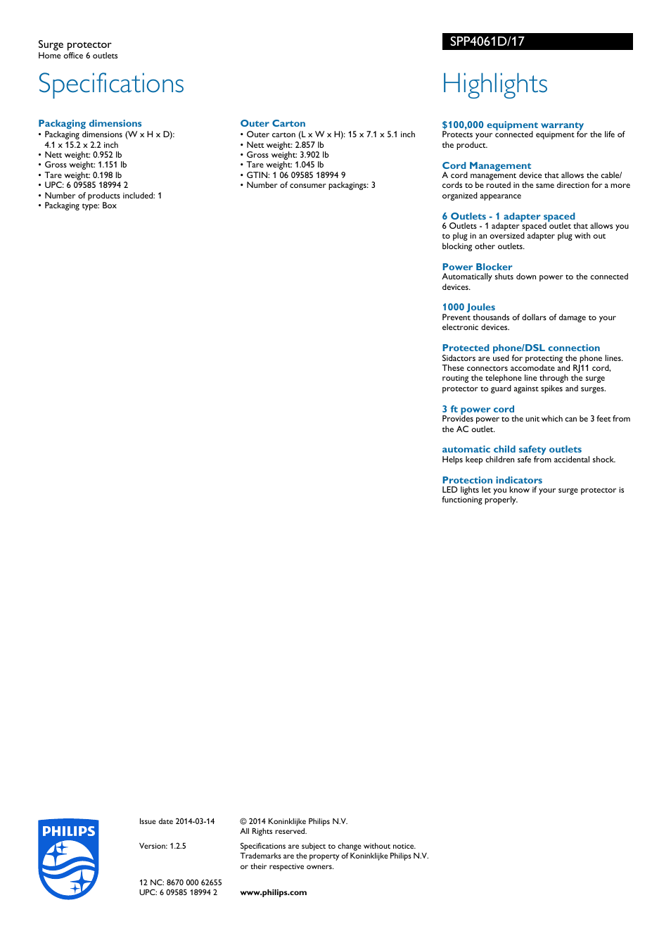 Specifications, Highlights | Philips SPP4061D-17 User Manual | Page 2 / 2