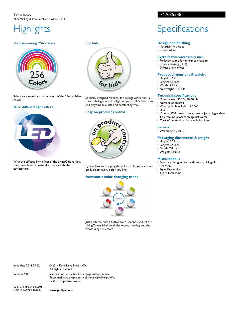 Highlights, Specifications | Philips 717035548 User Manual | Page 2 / 2