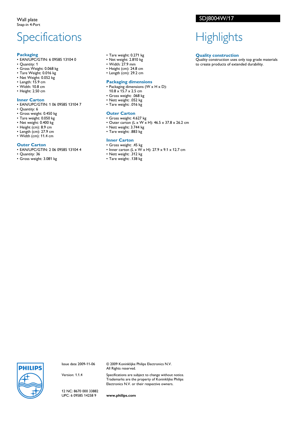 Specifications, Highlights | Philips SDJ8004W-17 User Manual | Page 2 / 2