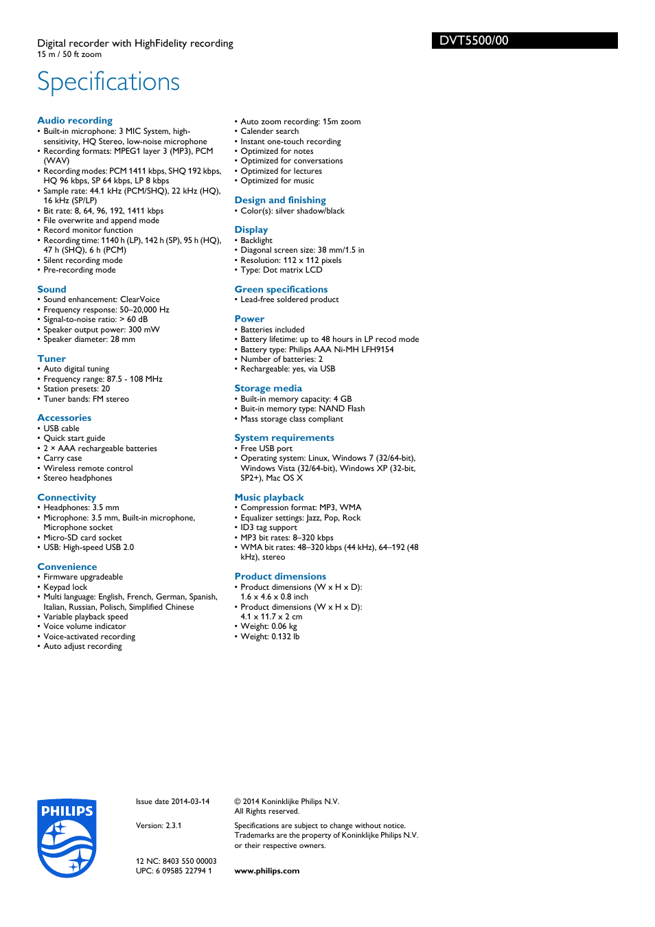 Specifications | Philips DVT5500-00 User Manual | Page 3 / 3