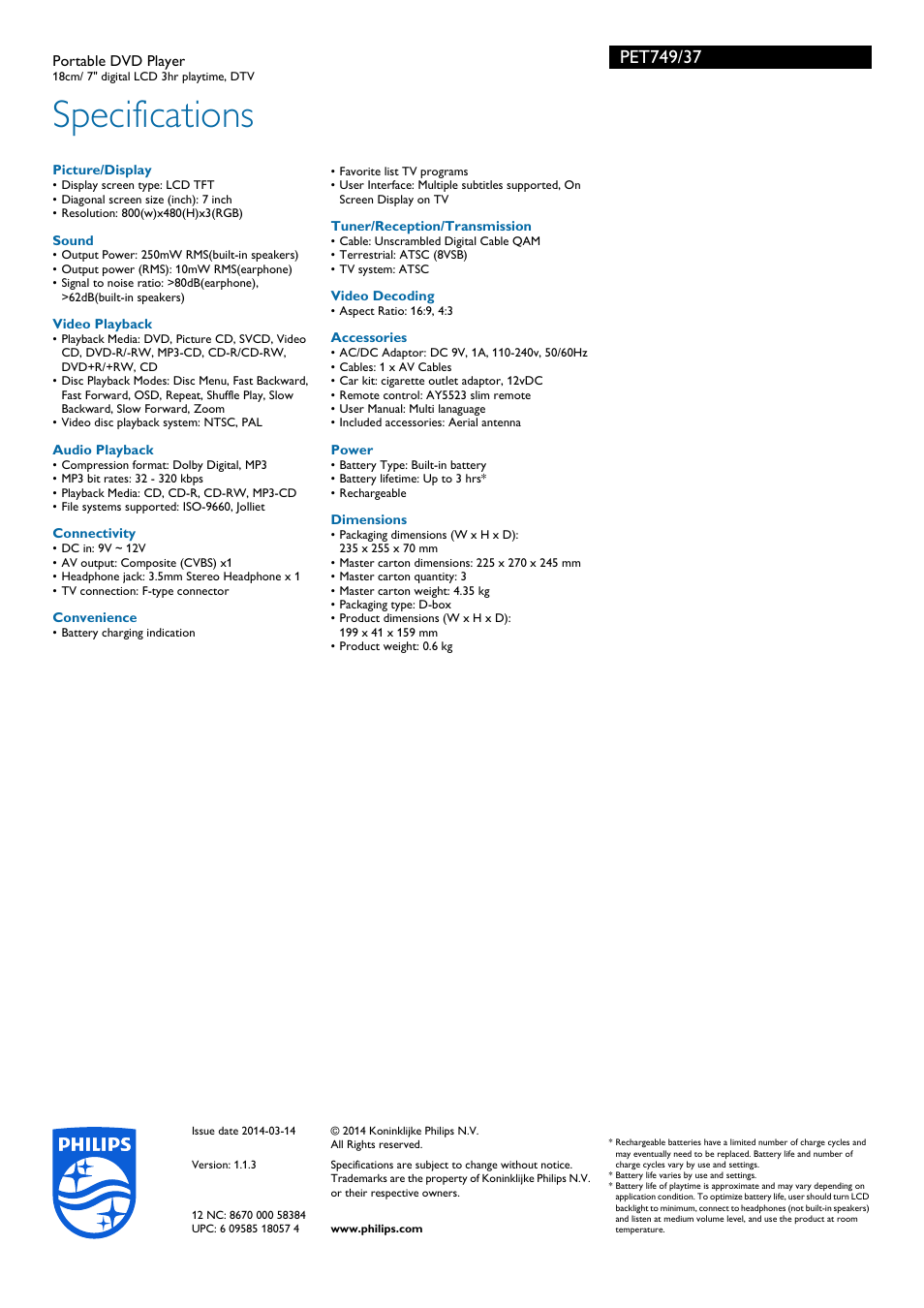 Specifications | Philips PET749-37 User Manual | Page 3 / 3