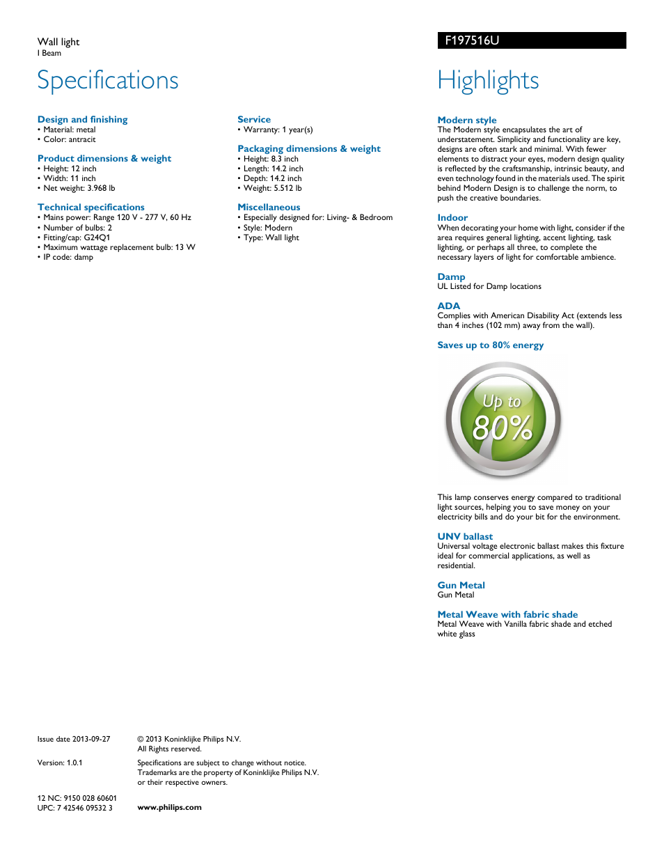 Specifications, Highlights | Philips F197516U User Manual | Page 2 / 2