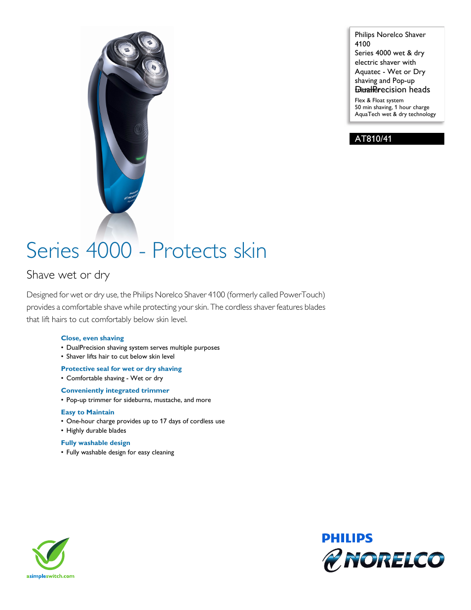 Philips Norelco Shaver 4100 Series 4000 wet & dry electric shaver AT810-41 DualPrecision heads Flex & Float system 50 min shaving 1 hour charge AquaTech wet & dry technology with Aquatec - Wet or Dry shaving and Pop-up trimmer User Manual | 3 pages