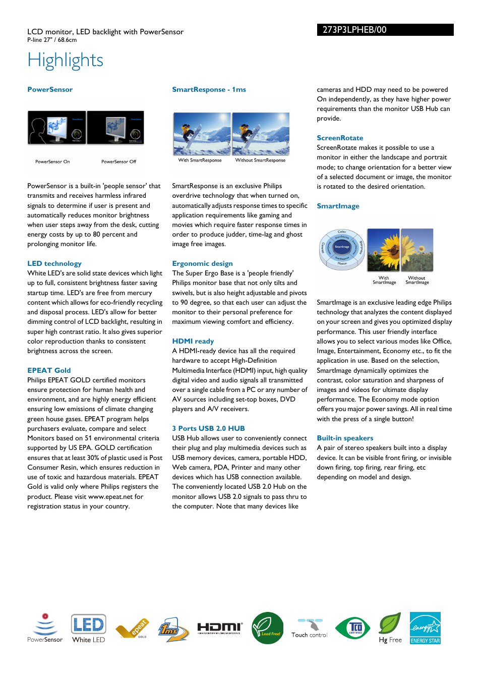 Highlights | Philips 273P3LPHEB-00 User Manual | Page 2 / 3