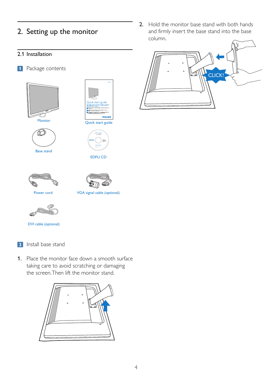 Setting up the monitor, 1 installation package contents, Click | Philips 243E2SB-27 User Manual | Page 6 / 49