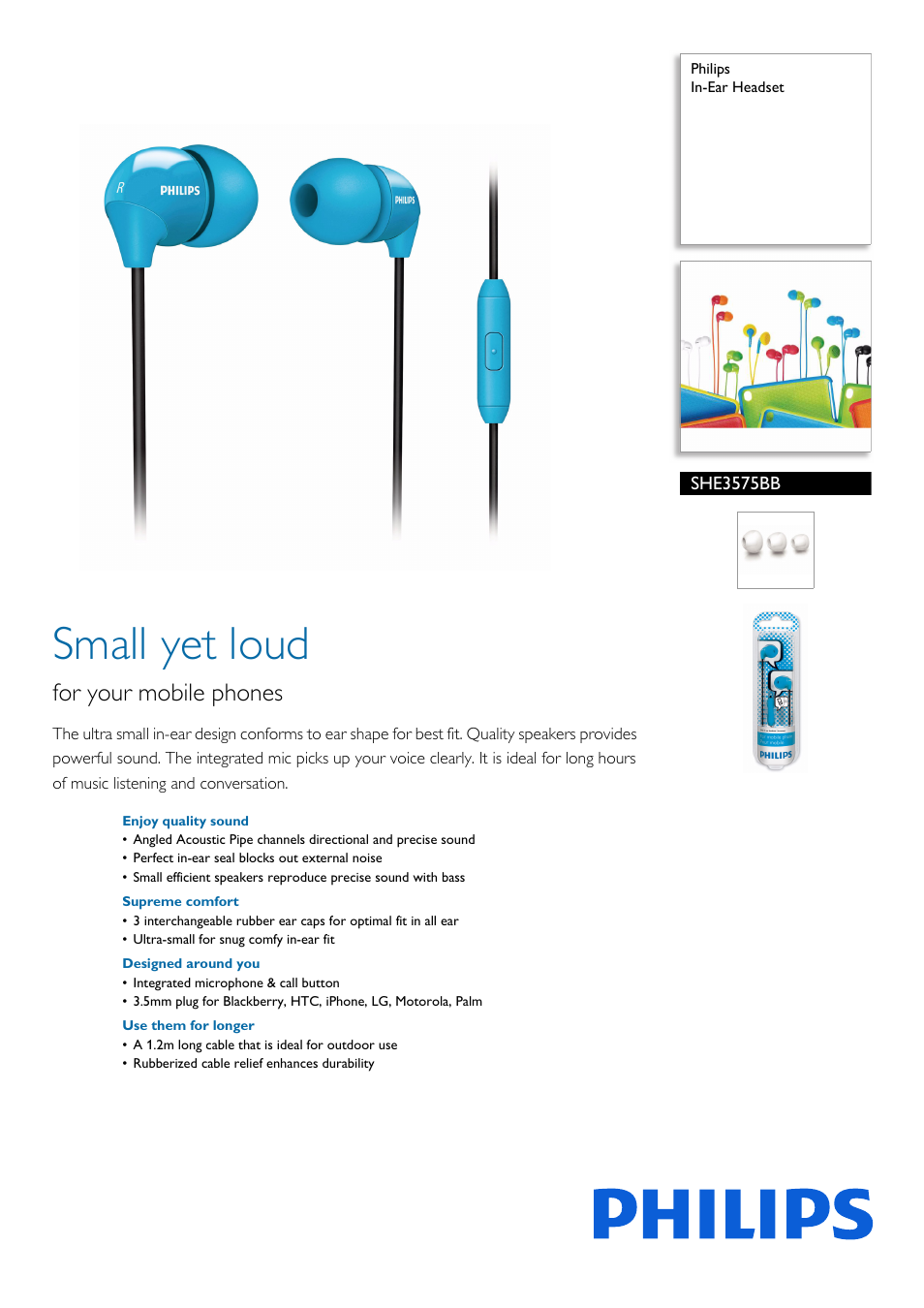 Philips In-Ear Headset SHE3575BB User Manual | 2 pages