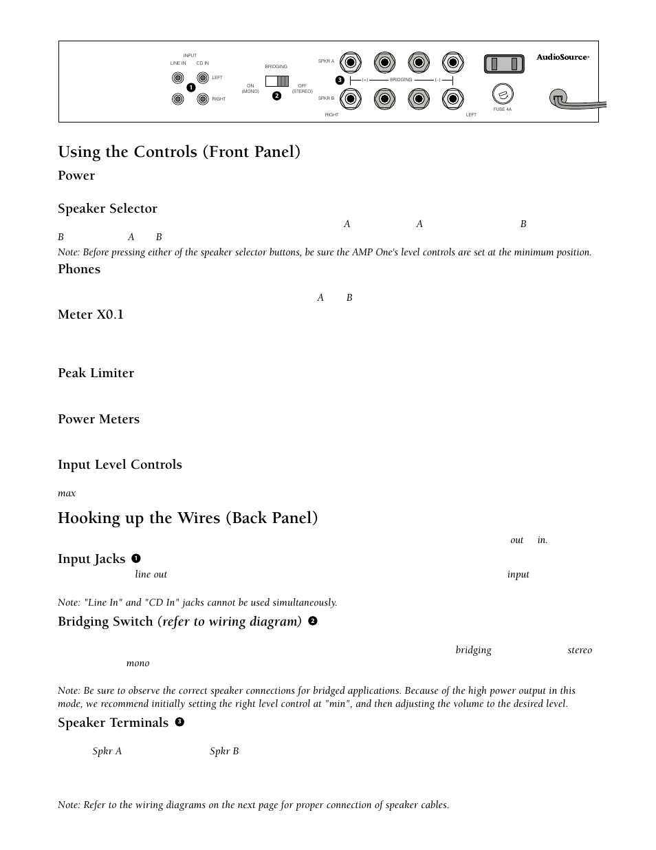 Using the controls (front panel), Hooking up the wires (back panel), Power | Speaker selector, Phones, Meter x0.1, Peak limiter, Power meters, Input level controls, Input jacks | AudioSource AMP One User Manual | Page 2 / 4