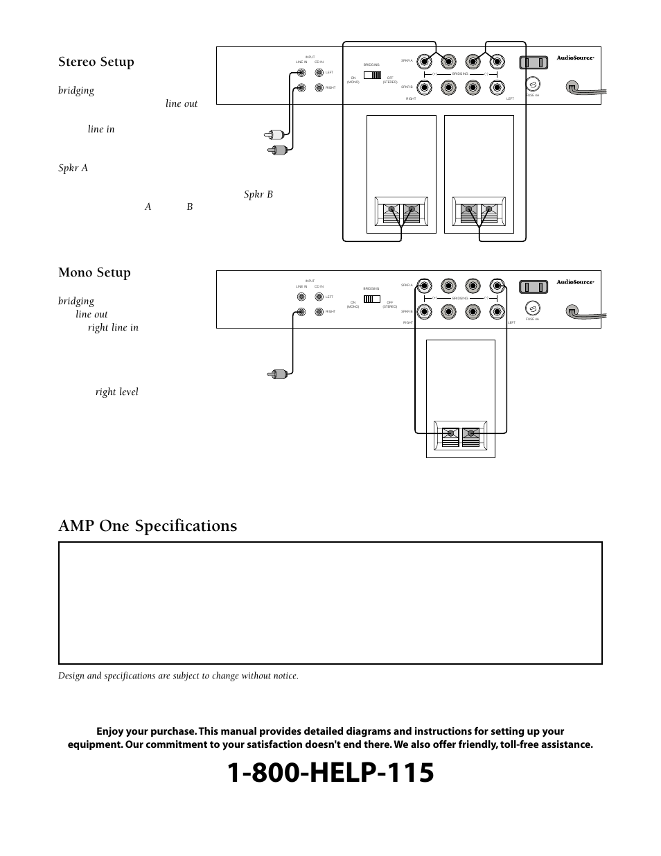 Amp one specifications, Stereo setup, Mono setup | Stereo jack) dimensions, W x 2, H x 11, D weight lbs., 5oz | AudioSource AMP One User Manual | Page 3 / 4