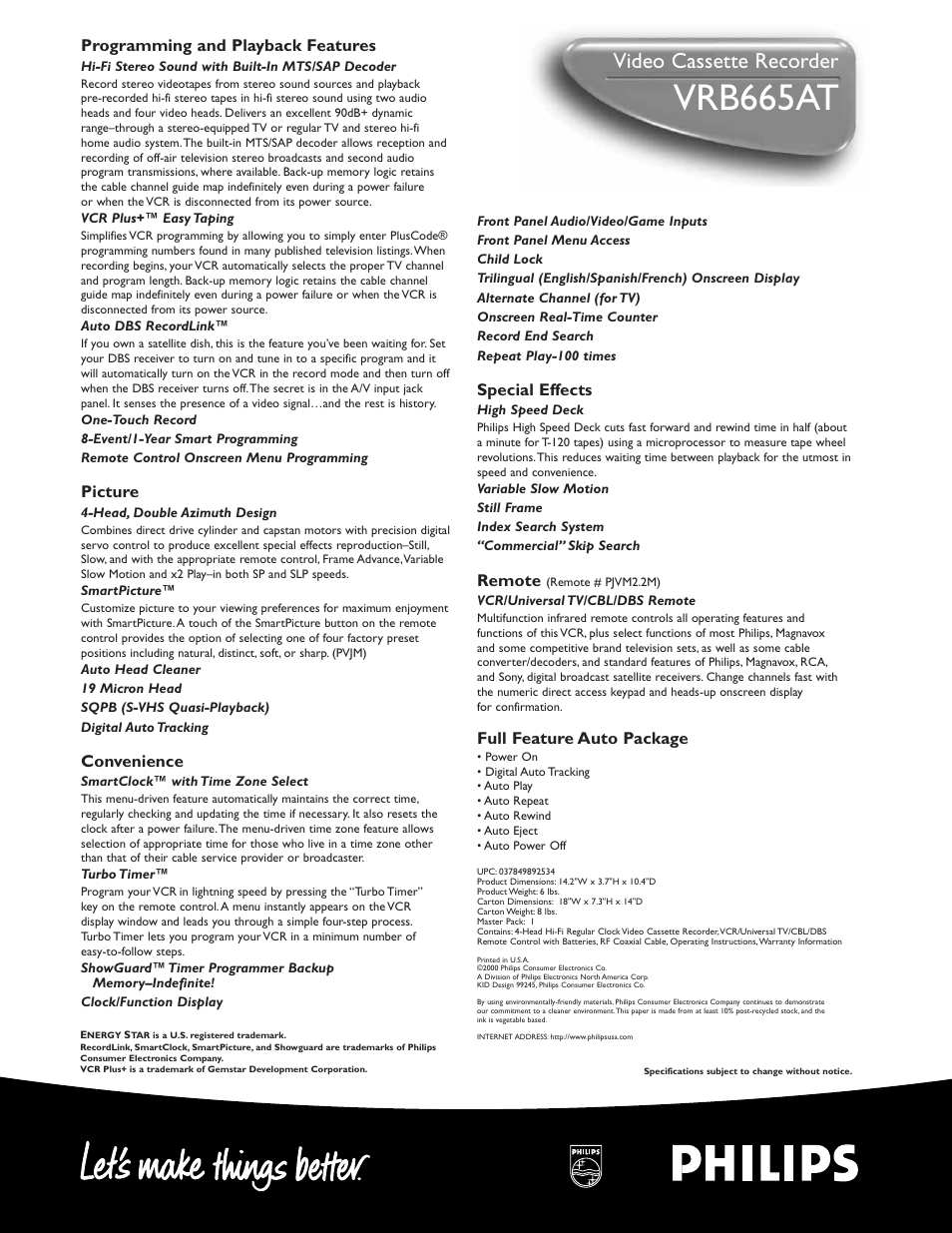 Vrb665at, Video cassette recorder, Special effects | Remote, Full feature auto package, Programming and playback features, Picture, Convenience | Philips VRB665AT99 User Manual | Page 2 / 2