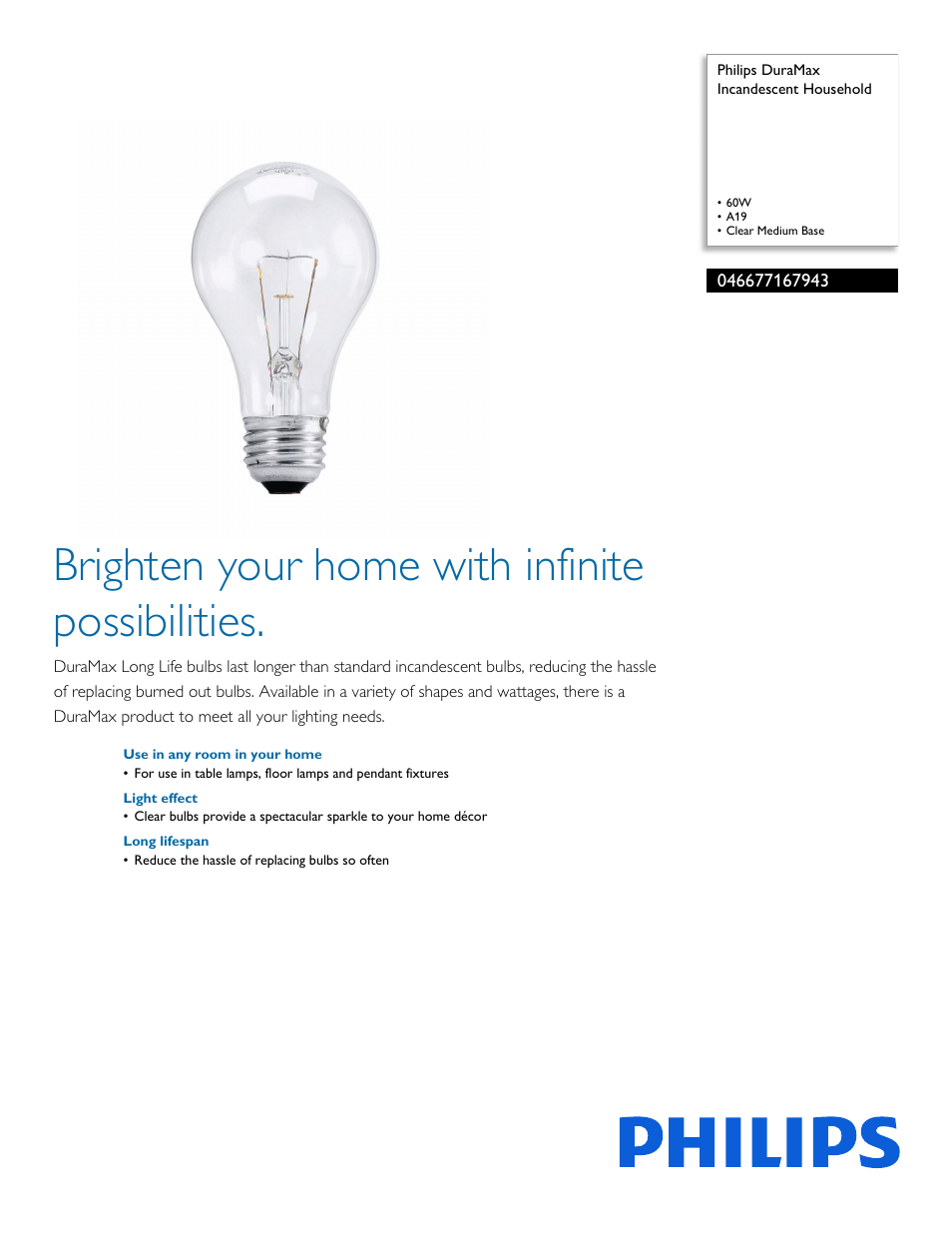 Philips DuraMax Incandescent Household 046677167943 60W A19 Clear Medium Base User Manual | 2 pages