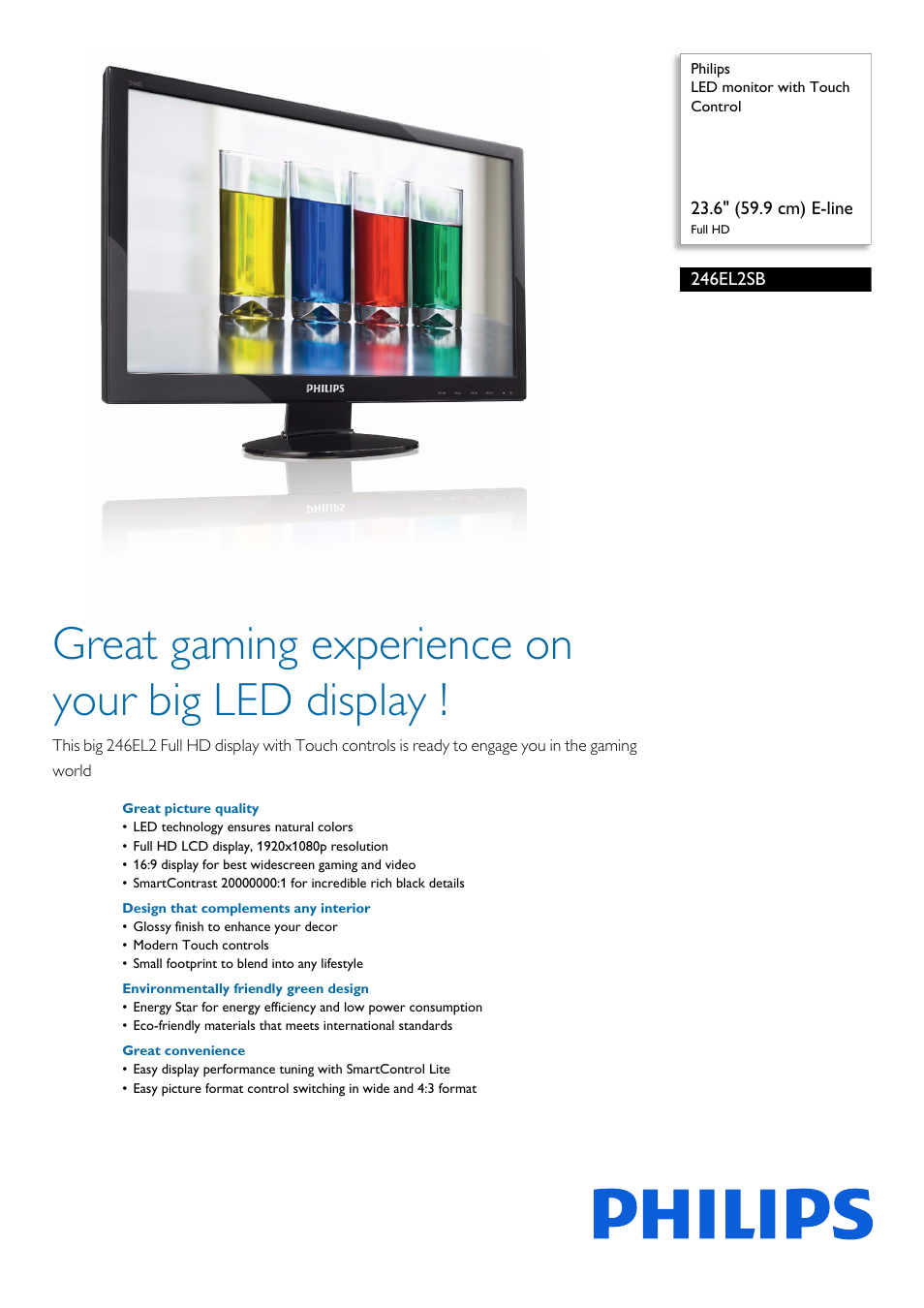Philips LED monitor with Touch Control 246EL2SB 23.6" 59.9 cm E-line Full HD User Manual | 3 pages