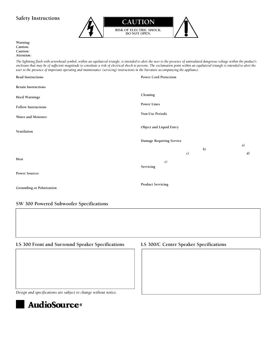 Caution, Safety instructions, Sw 300 powered subwoofer specifications | AudioSource LS 300 User Manual | Page 4 / 4