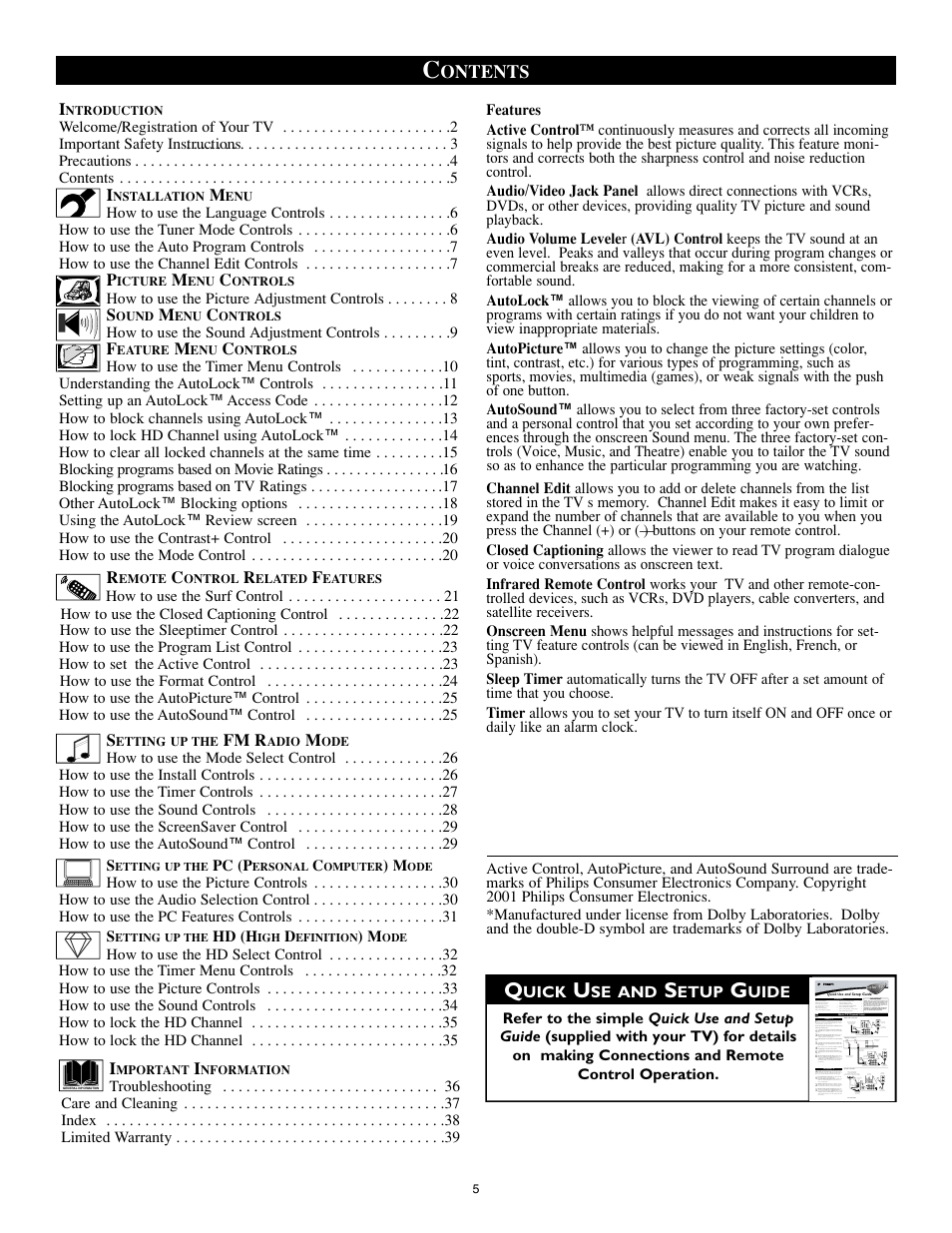 Ontents, Fm r | Philips 15PF8946-37 User Manual | Page 5 / 39