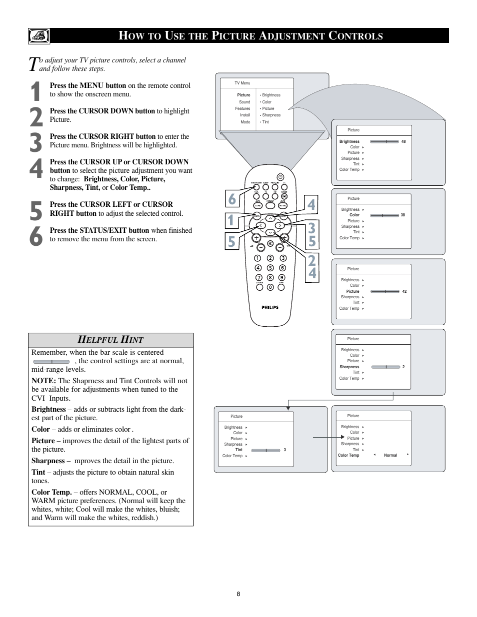 Ow to, Se the, Icture | Djustment, Ontrols | Philips 15PF8946-37 User Manual | Page 8 / 39