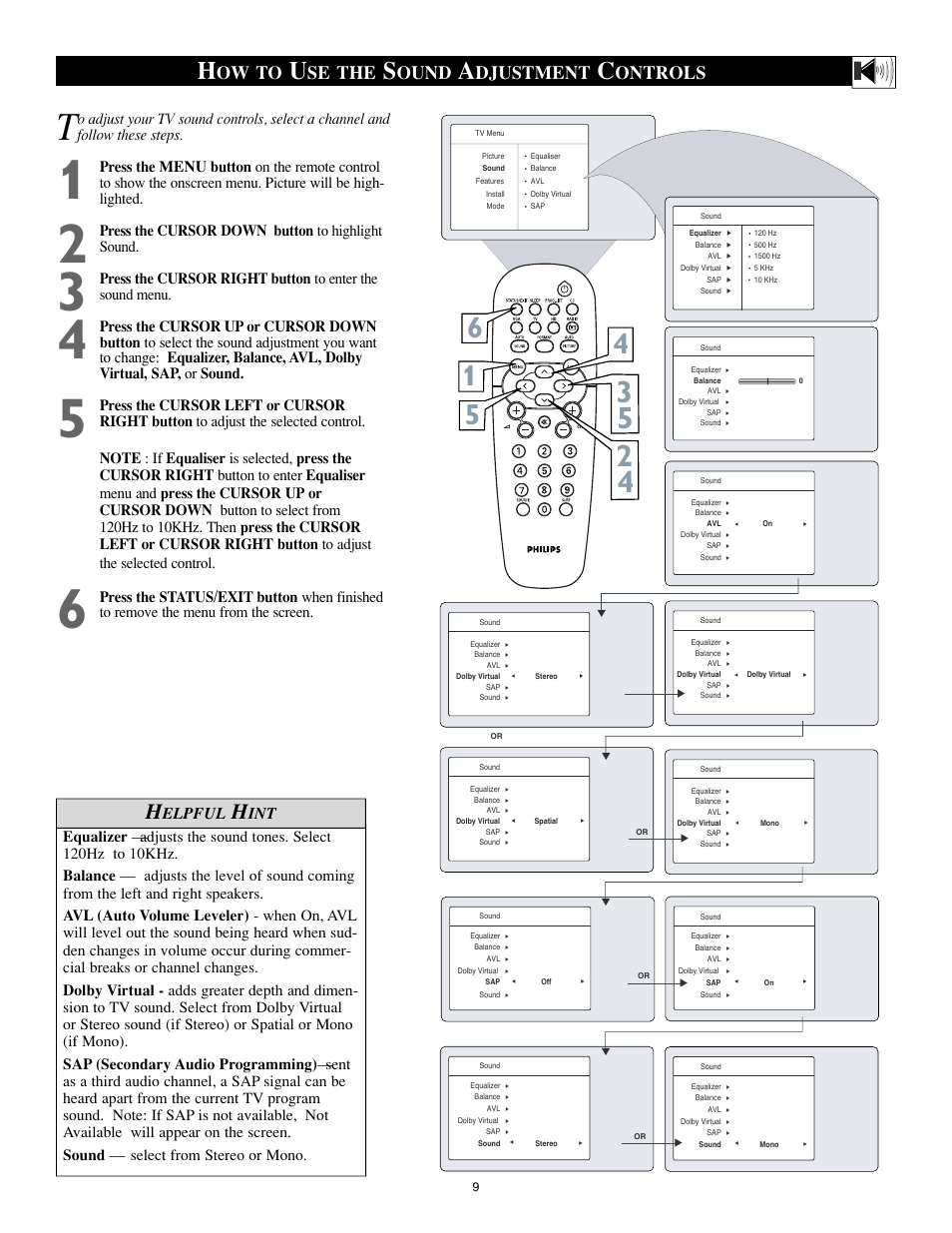 Ow to, Se the, Ound | Djustment, Ontrols, Elpful, Press the cursor down button to highlight sound | Philips 15PF8946-37 User Manual | Page 9 / 39