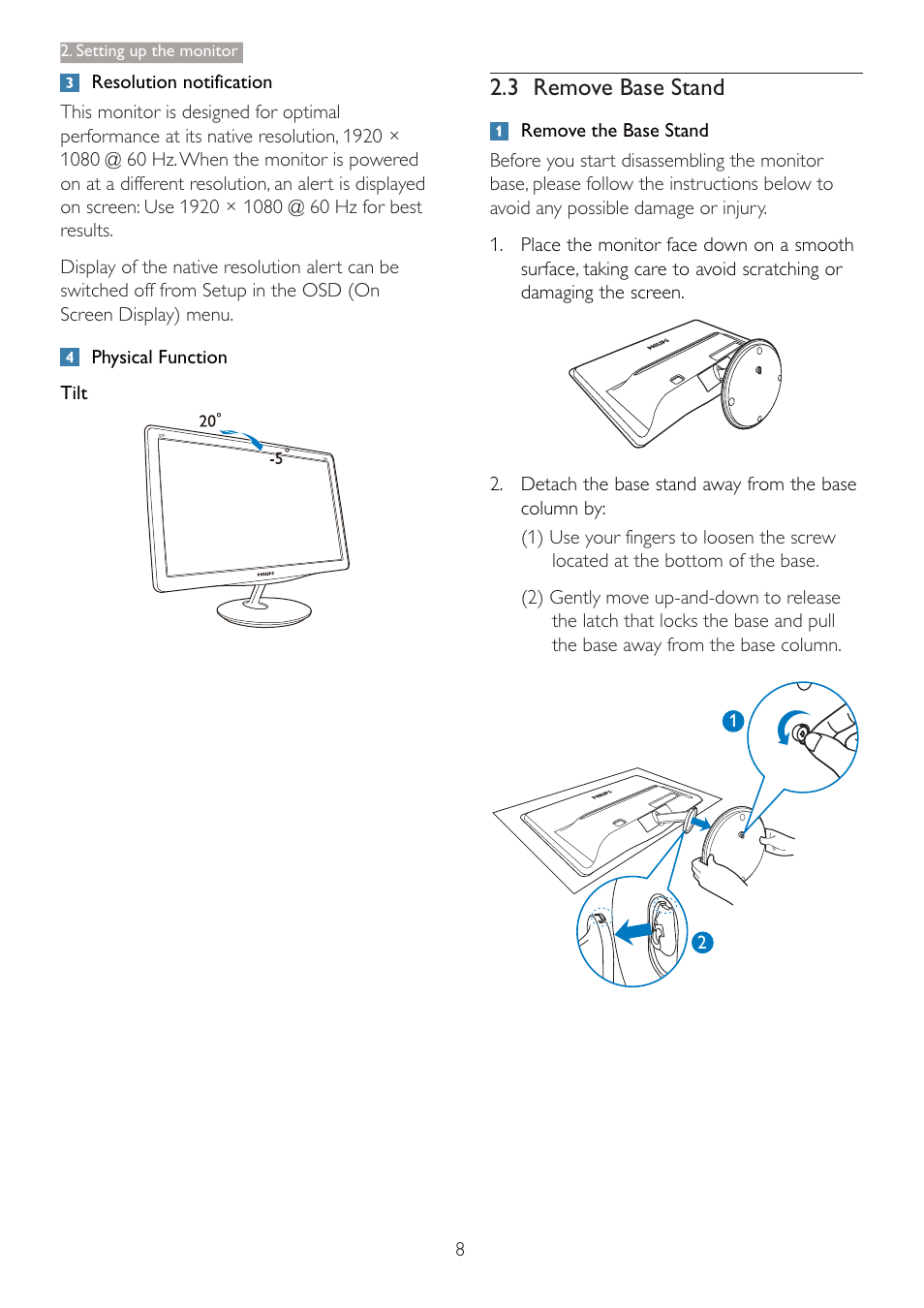 3 remove base stand | Philips 227E3QPHSU-00 User Manual | Page 10 / 41