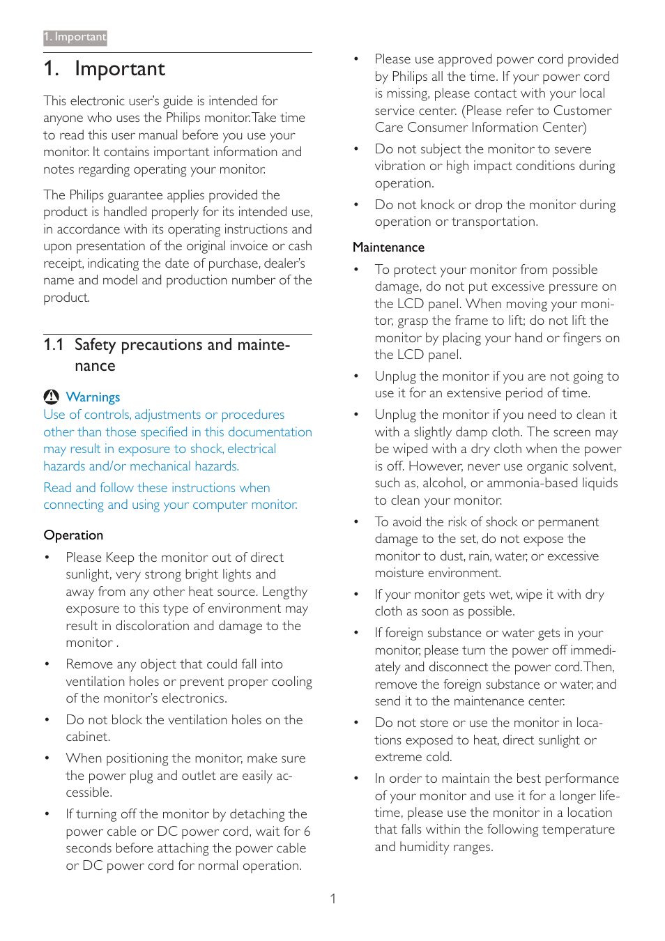 Important, 1 safety precautions and mainte- nance | Philips 227E3QPHSU-00 User Manual | Page 3 / 41