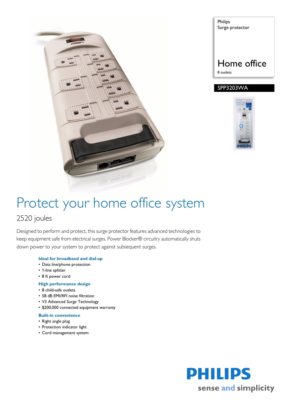 Philips Surge protector SPP3203WA Home office 8 outlets User Manual | 2 pages