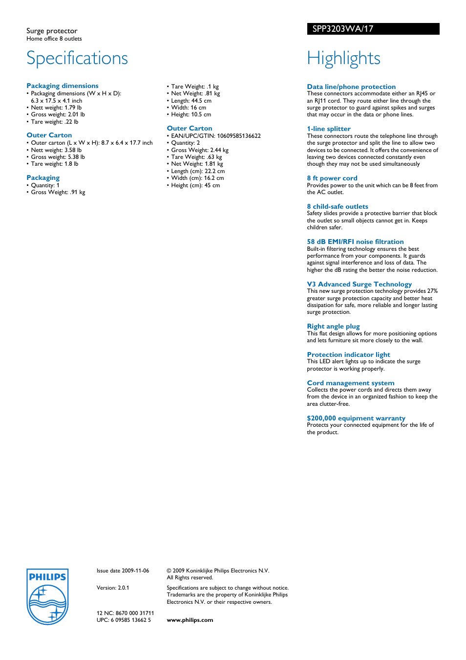 Specifications, Highlights | Philips Surge protector SPP3203WA Home office 8 outlets User Manual | Page 2 / 2