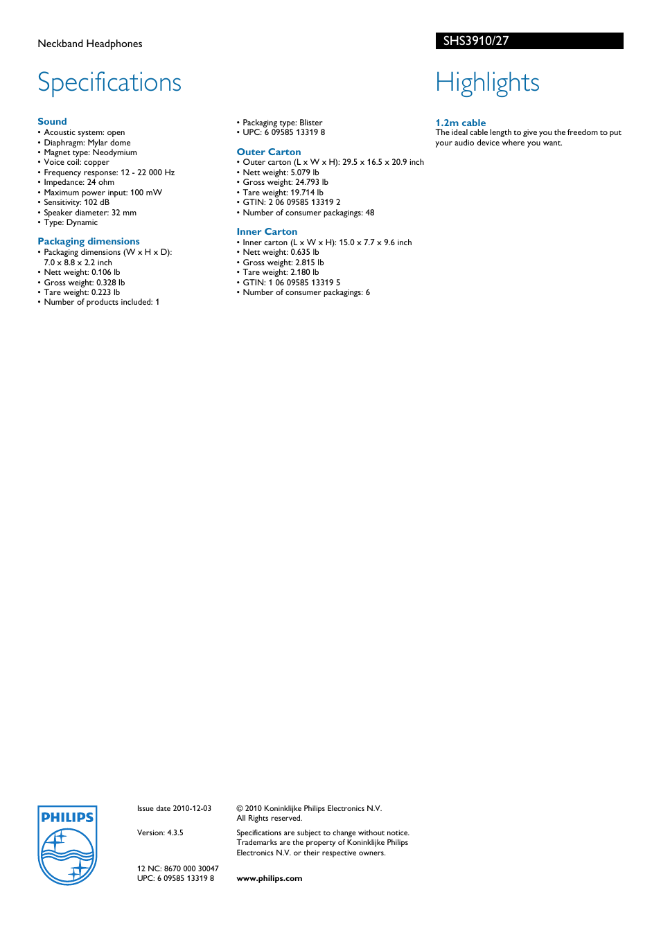 Specifications, Highlights | Philips SHS3910-27 User Manual | Page 2 / 2