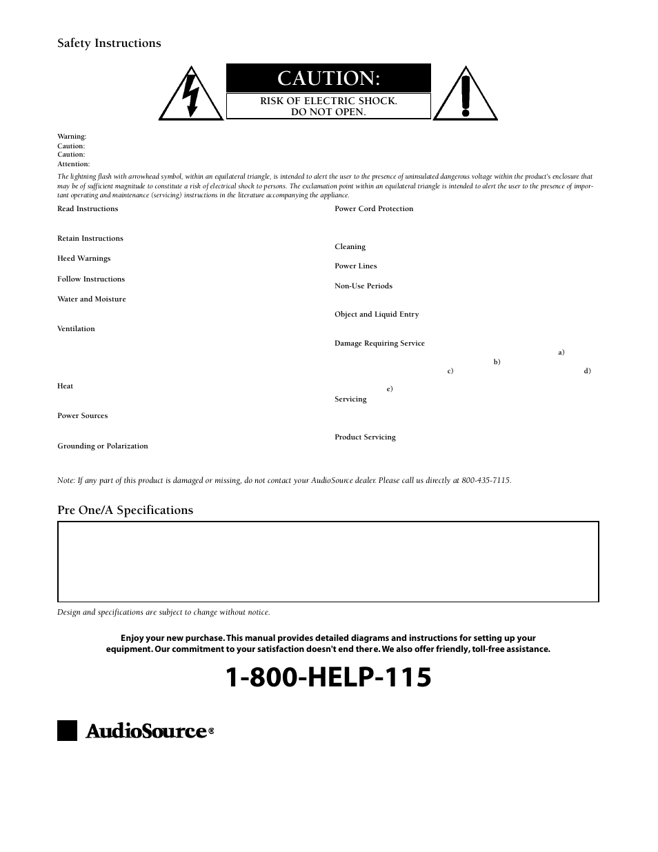 Caution, Safety instructions, Pre one/a specifications | AudioSource Pre One/A User Manual | Page 2 / 2