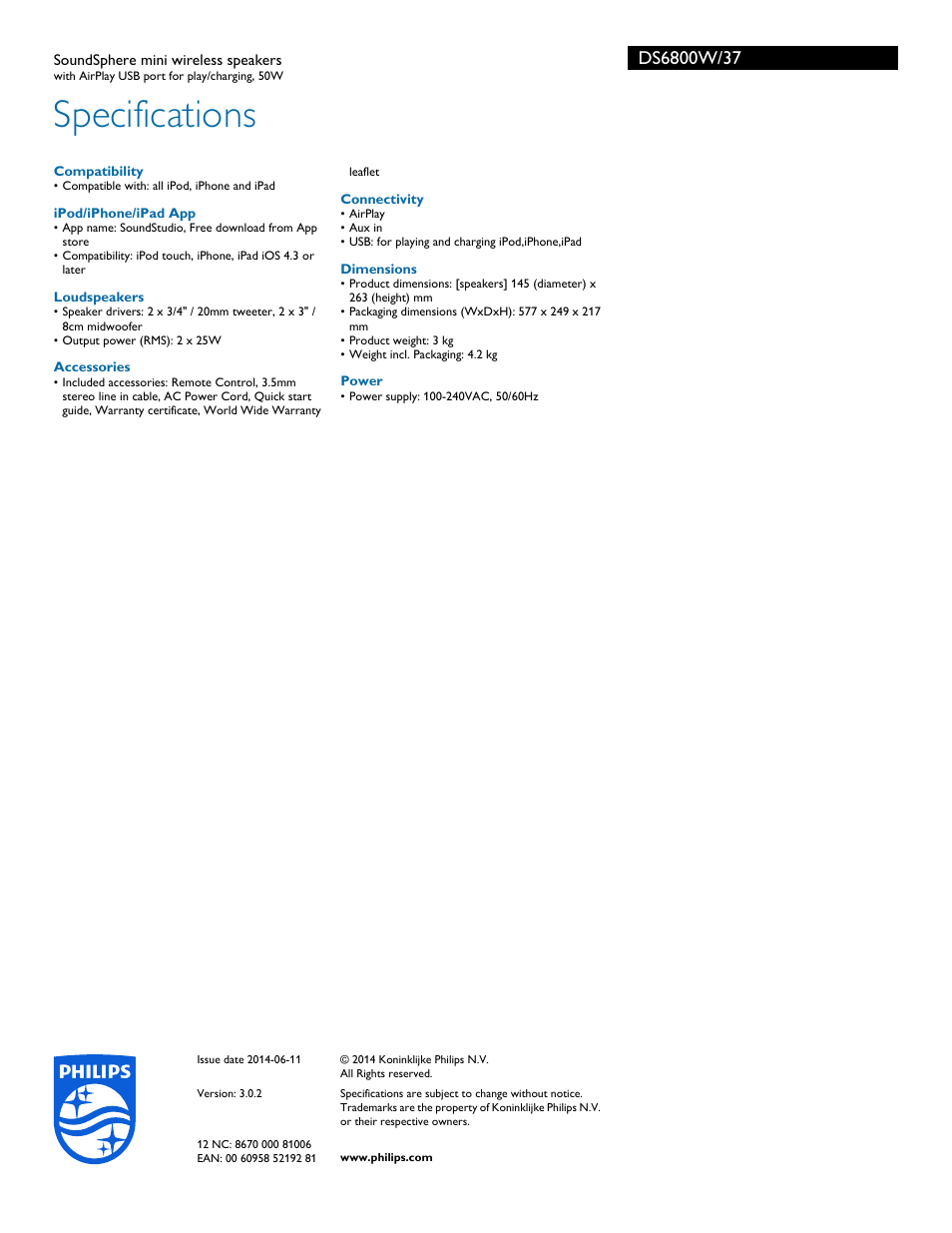 Specifications | Philips DS6800W-37 User Manual | Page 3 / 3