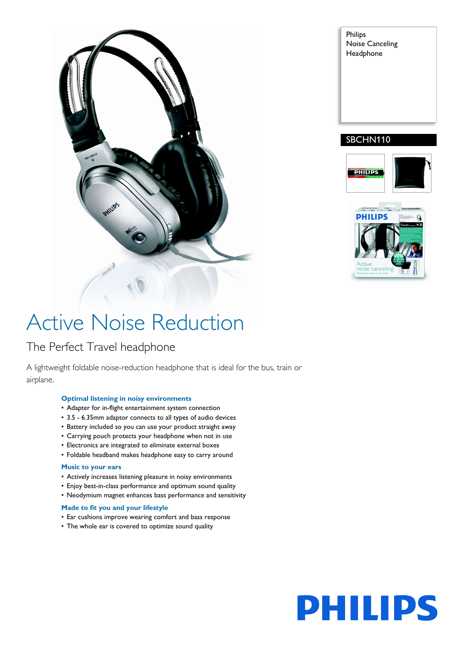 Philips Noise Canceling Headphone SBCHN110 User Manual | 2 pages