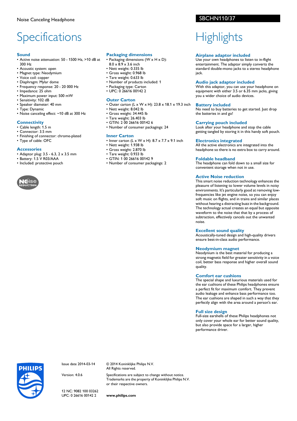 Specifications, Highlights | Philips Noise Canceling Headphone SBCHN110 User Manual | Page 2 / 2