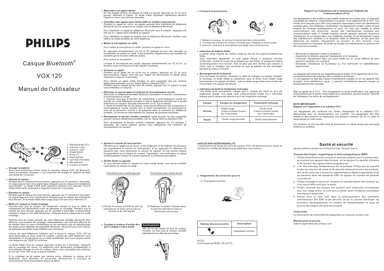 Ac adaptor, Casque vox 120 manuel de l'utilisateur bluetooth, Santé et sécurité | Philips US2-VOX120 User Manual | Page 2 / 3