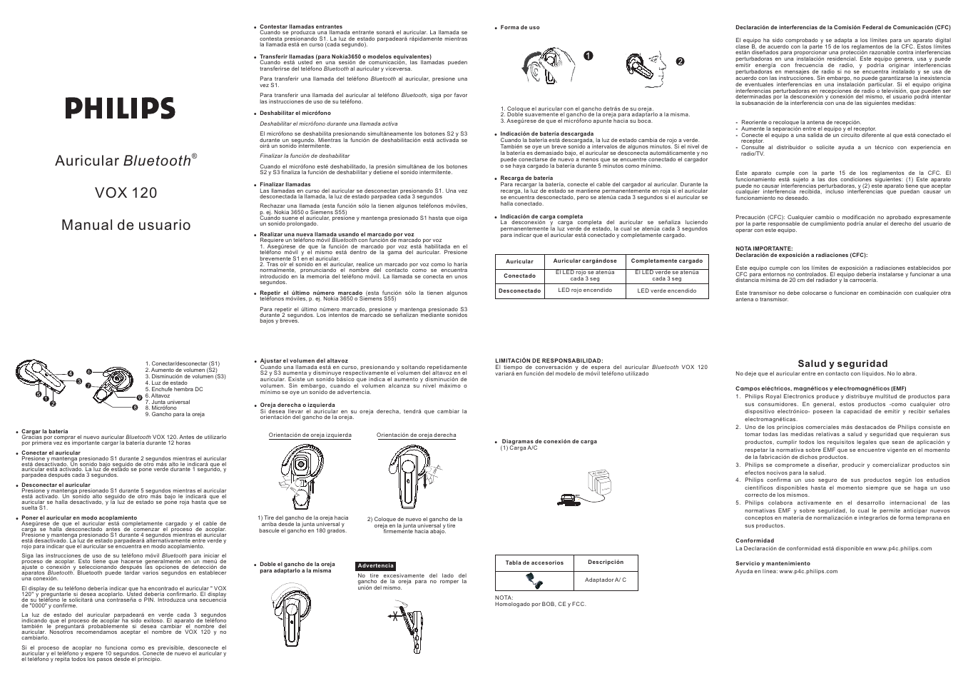 Ac adaptor, Auricular vox 120 manual de usuario bluetooth, Salud y seguridad | Philips US2-VOX120 User Manual | Page 3 / 3