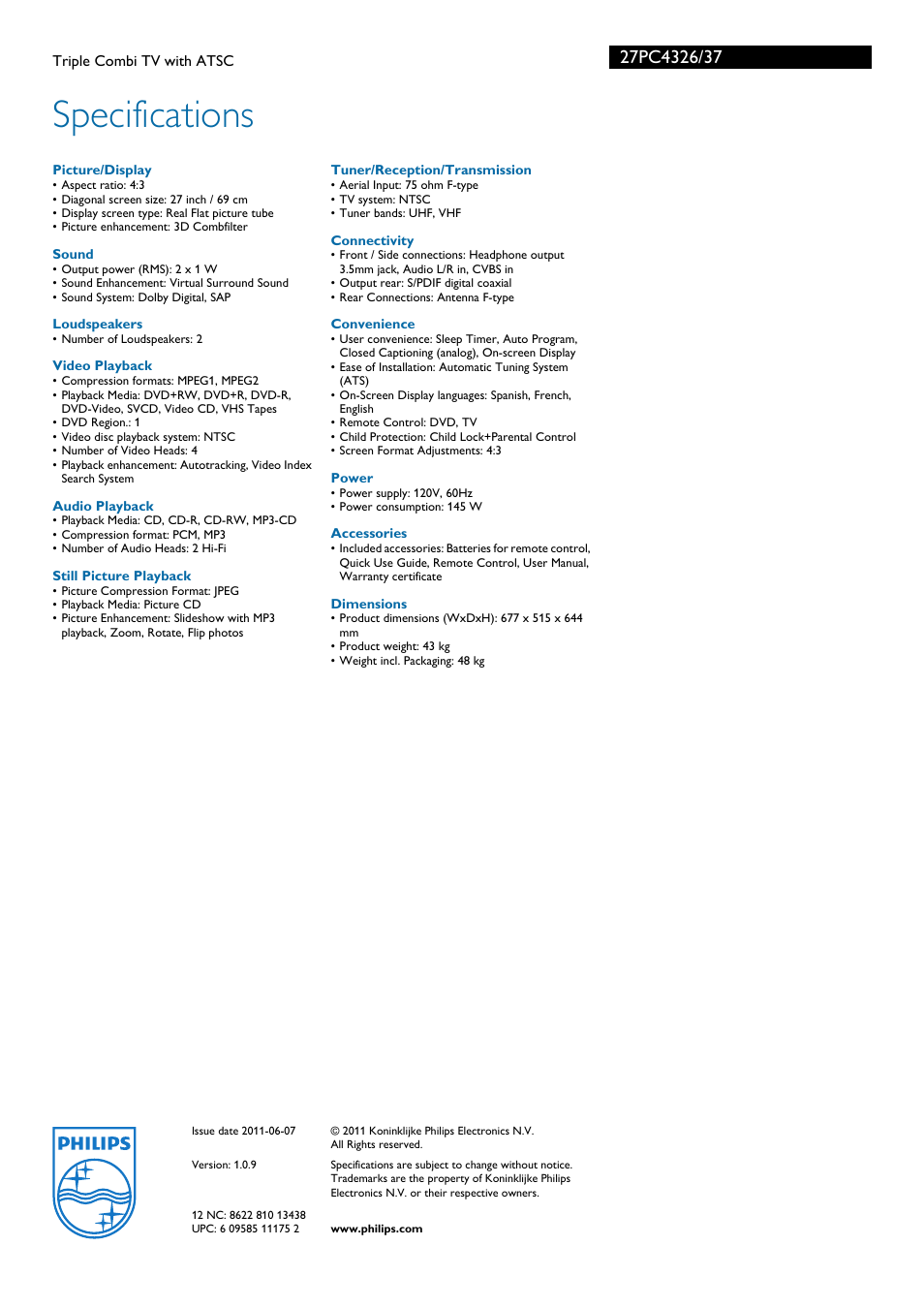 Specifications | Philips 27PC4326-37 User Manual | Page 3 / 3