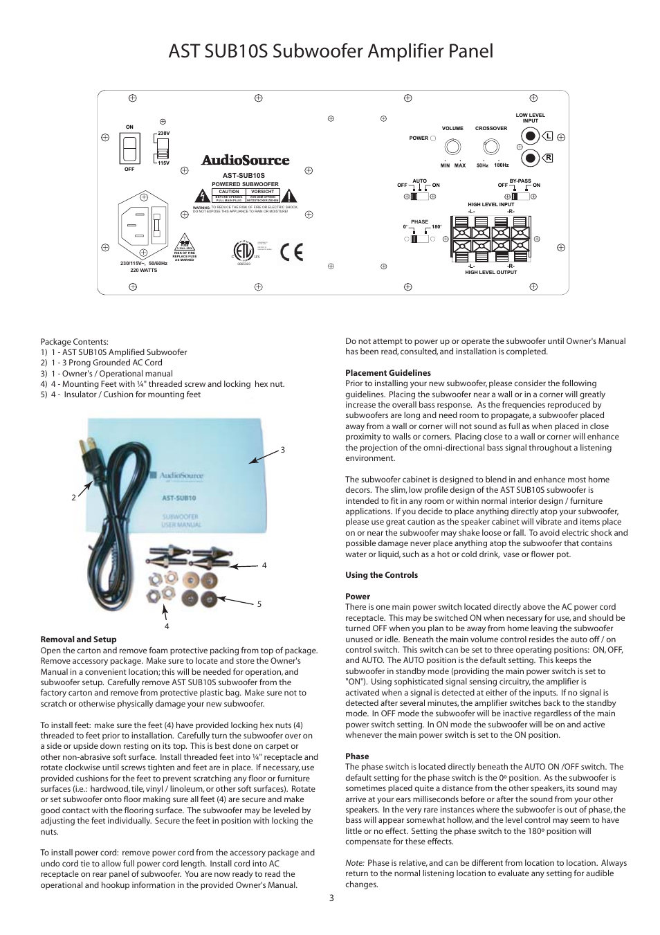 Ast sub10s subwoofer amplifier panel | AudioSource AST-SUB10S User Manual | Page 3 / 4