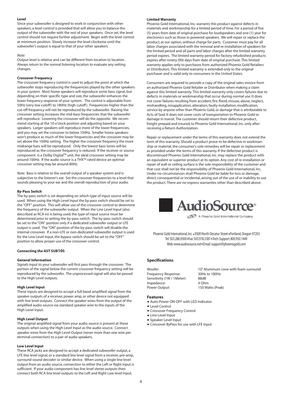 AudioSource AST-SUB10S User Manual | Page 4 / 4