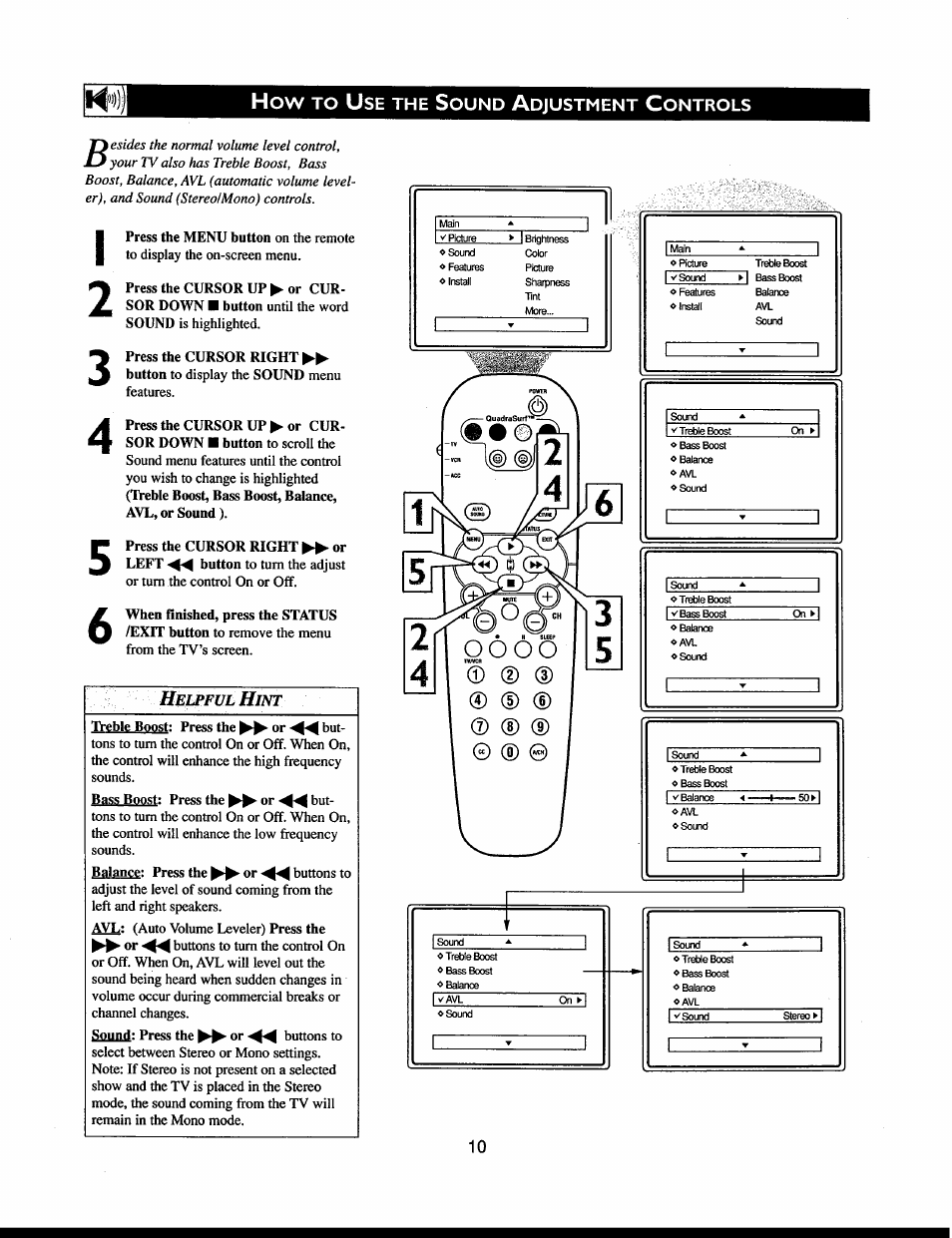 How to use the sound adjustment controls, How to use the tuner mode control | Philips 32PT663R User Manual | Page 10 / 40