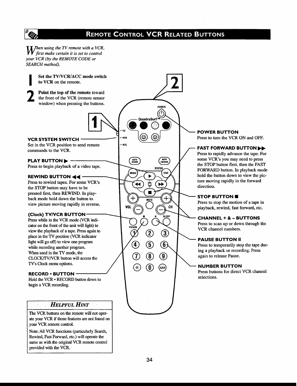Vcr system switch, Play button, Rewind button | Clock) tv/vcr button, Record • button, Power button, Fast forward button, Stop button, Channel + & - buttons, Pause button ii | Philips 32PT663R User Manual | Page 34 / 40