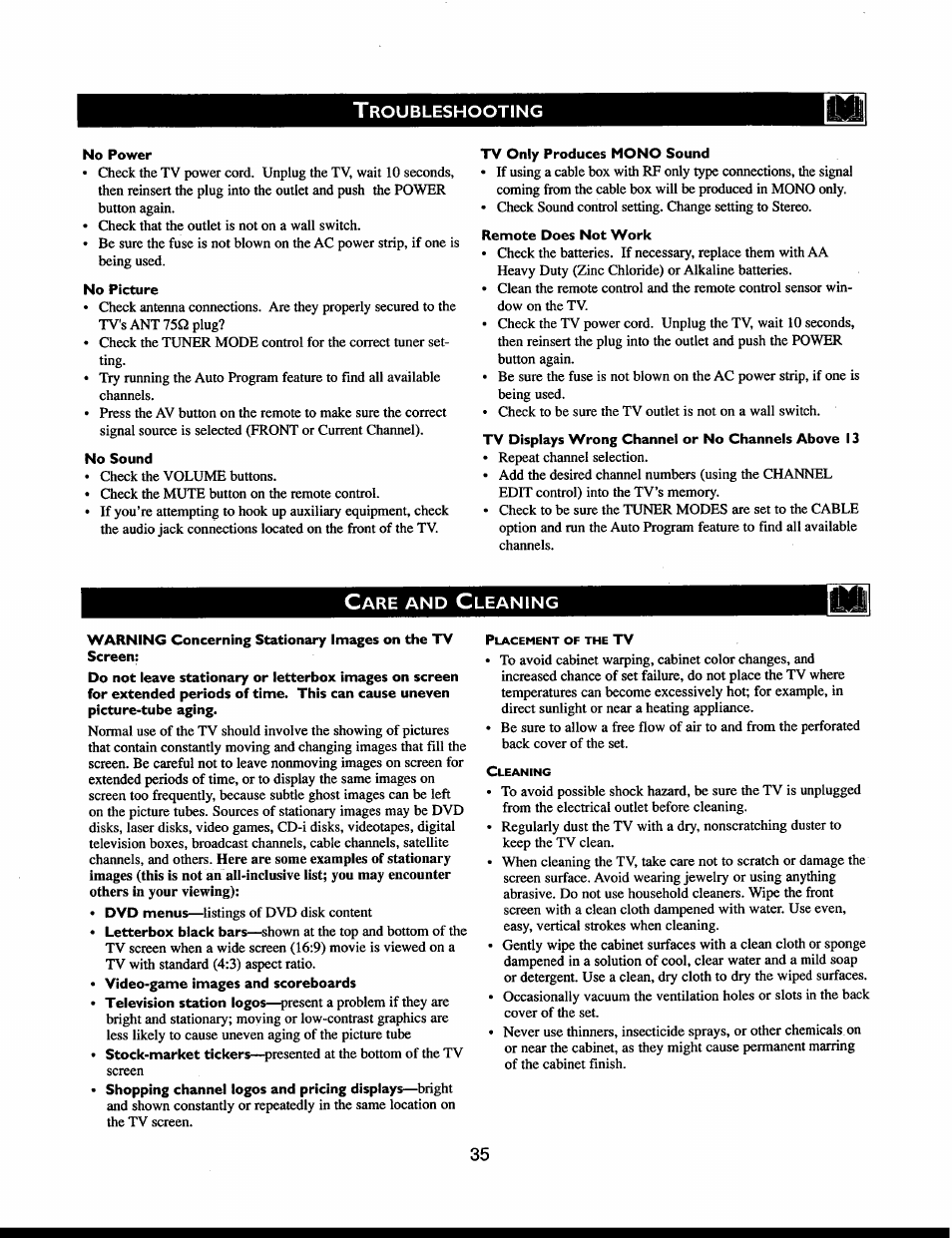T roubleshooting, No power, No picture | No sound, Tv only produces mono sound, Remote does not work, Care and cleaning, Troubleshooting tips | Philips 32PT663R User Manual | Page 35 / 40