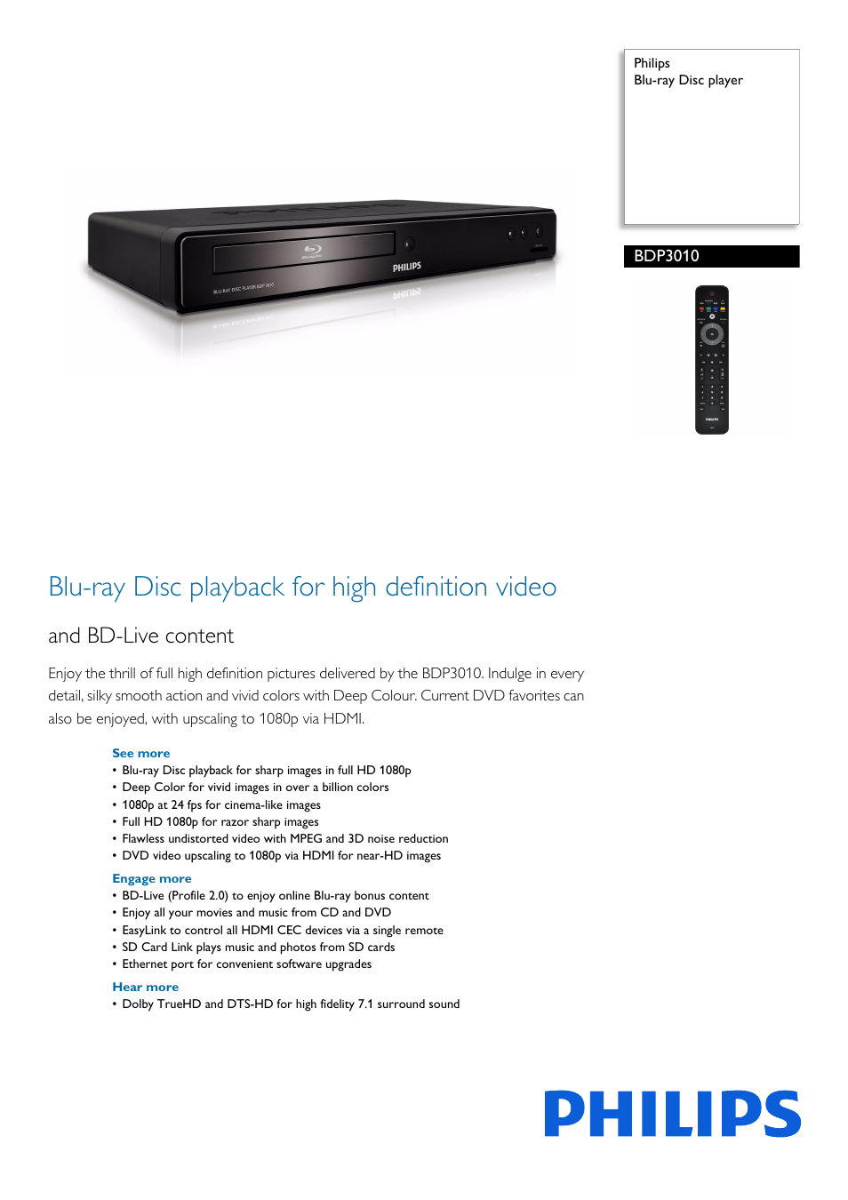 Philips BDP3010-F7 User Manual | 2 pages