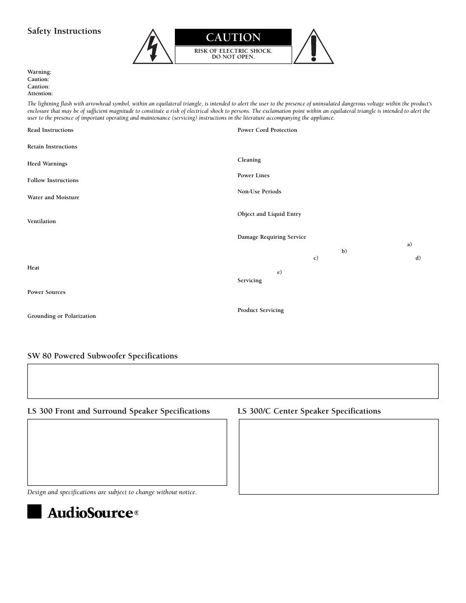 Caution, Safety instructions, Sw 80 powered subwoofer specifications | AudioSource SYSTEM 380 User Manual | Page 4 / 4