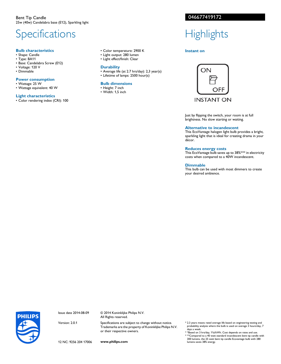 Specifications, Highlights | Philips EcoVantage Bent Tip Candle 046677419172 25w 40w Candelabra base E12 Sparkling light User Manual | Page 2 / 2