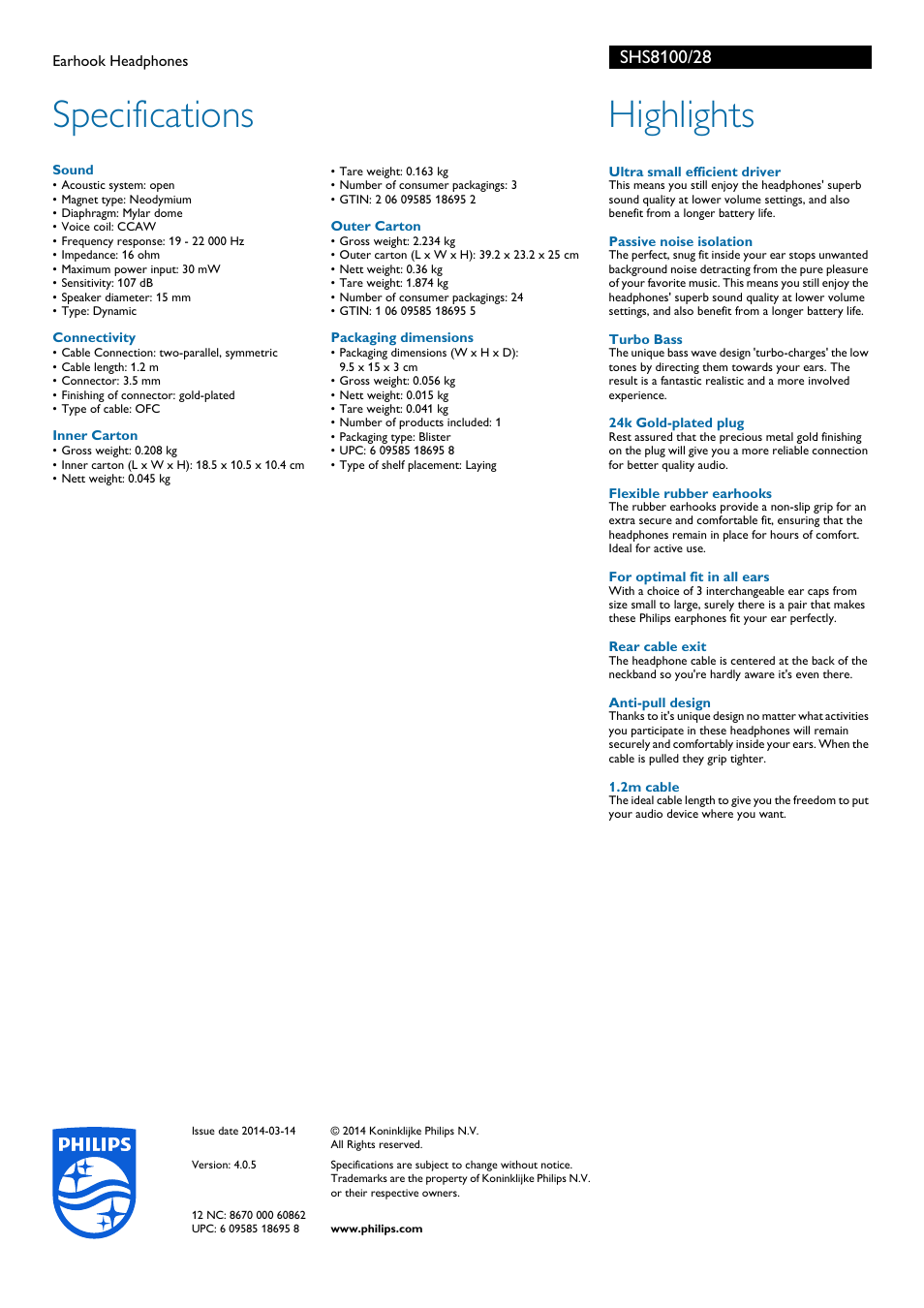 Specifications, Highlights | Philips Earhook Headphones SHS8100 User Manual | Page 2 / 2