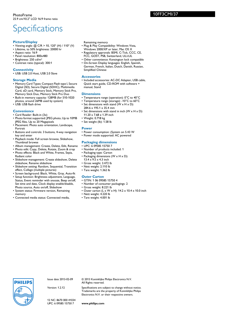 Specifications | Philips 10FF3CMI-37 User Manual | Page 3 / 3